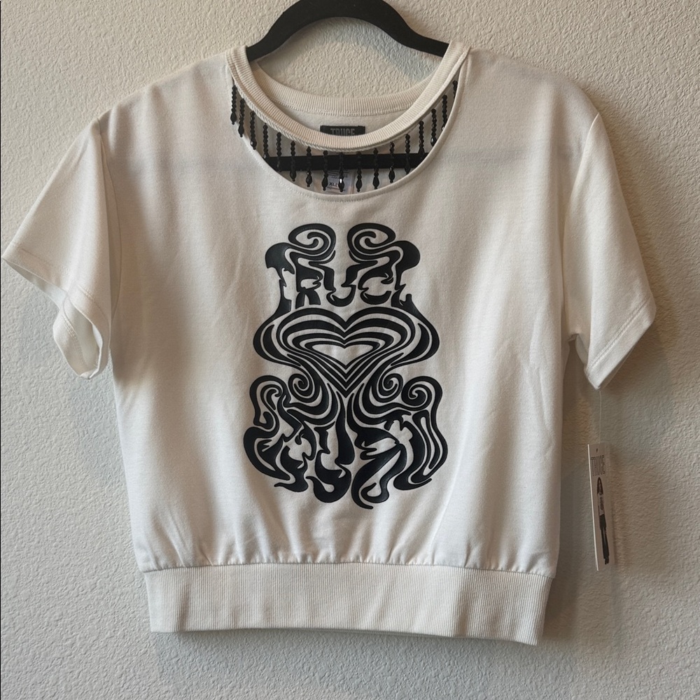 White Graphic T-Shirt with Black Design and bead detail